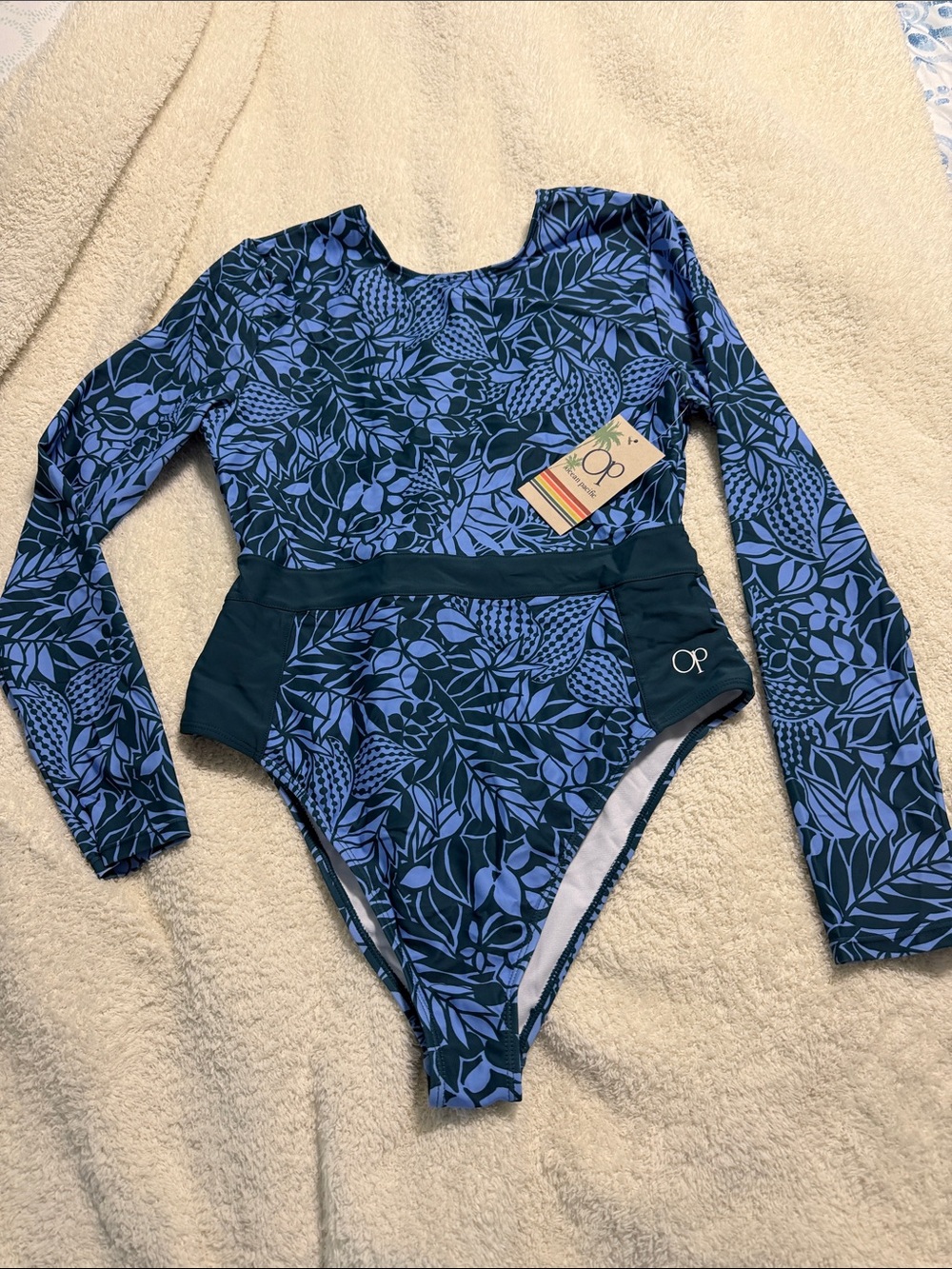 OP womens XL Long-Sleeve One-Piece Swimsuit in Navy & Periwinkle Floral